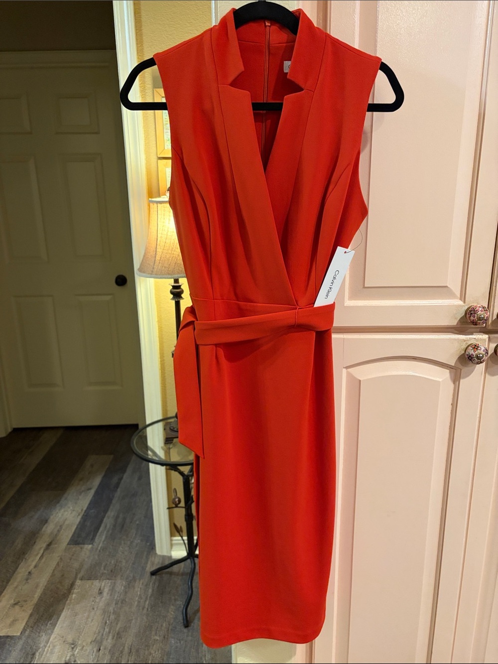 Calvin Klein Sleeveless Orange-Red Wrap Sheath Dress with Waist Tie dark orange